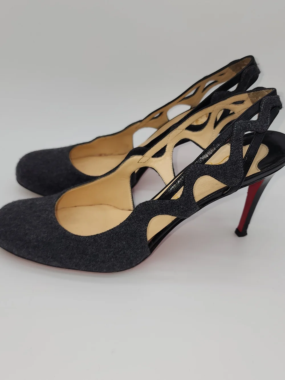 Vintage Christian Louboutin Dark Grey Flannel Cutout Slingback Heels Size EU 40
